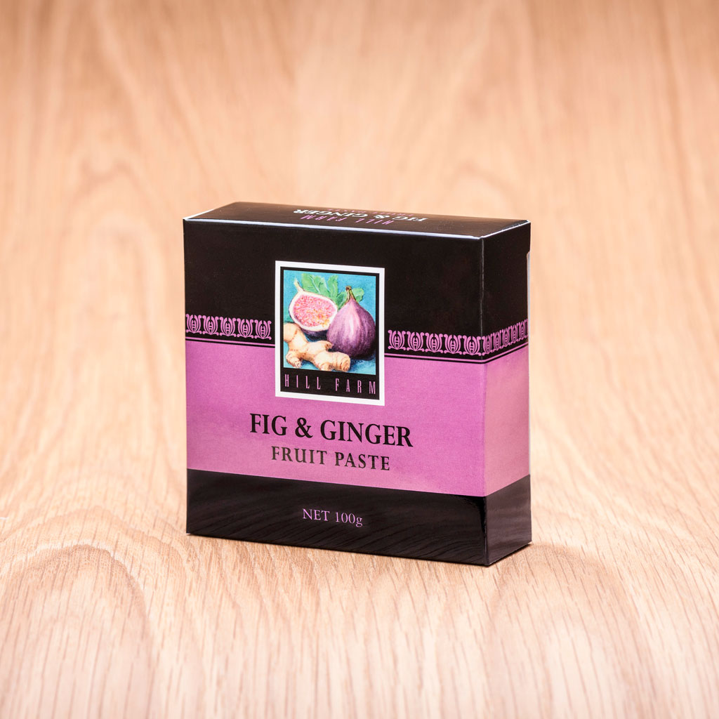 3 quarter view of 100 gram box of Fig and Ginger Fruit Paste