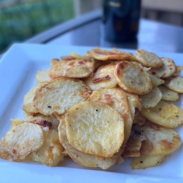 potato slices fried in cold pressed canola oil on the barbecue