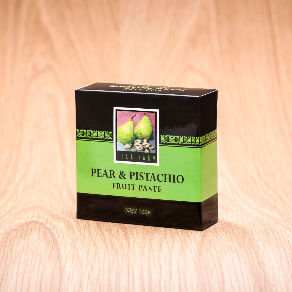 3 quarter view of 100 gram box of Pear and Pistachio Fruit Paste
