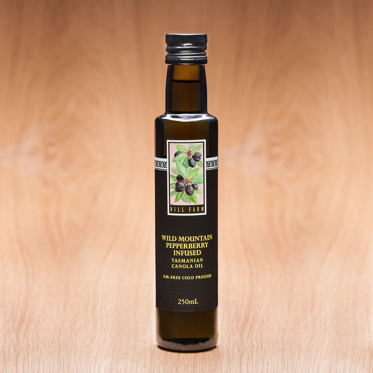 250g bottle of 100% Tasmanian Pepperberry-infused Cold Pressed Canola Oil